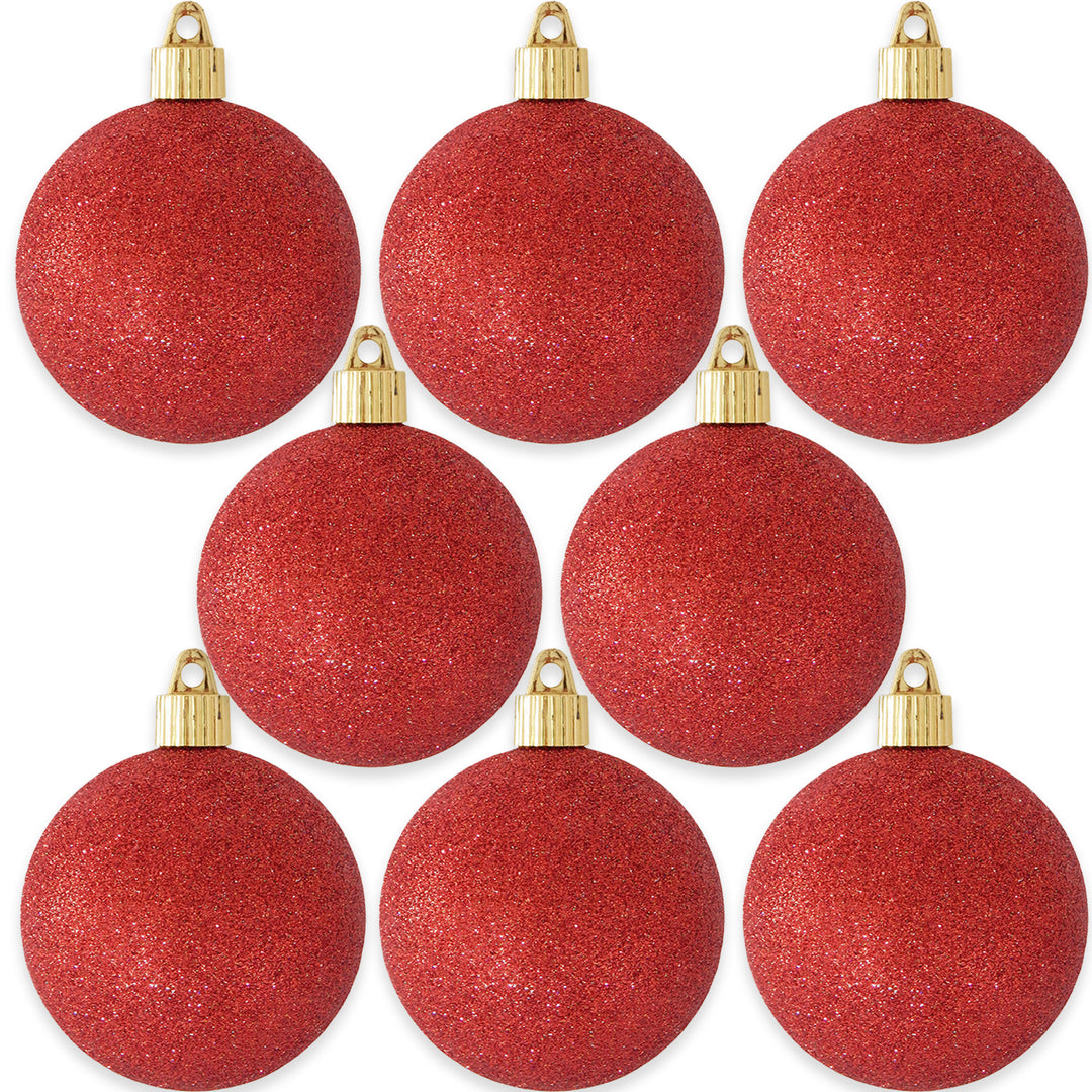 Christmas By Krebs 3 1/4" (80mm) Red Glitter [8 Pieces] Solid Commercial Grade Indoor and Outdoor Shatterproof Plastic, Water Resistant Ball Ornament Decorations