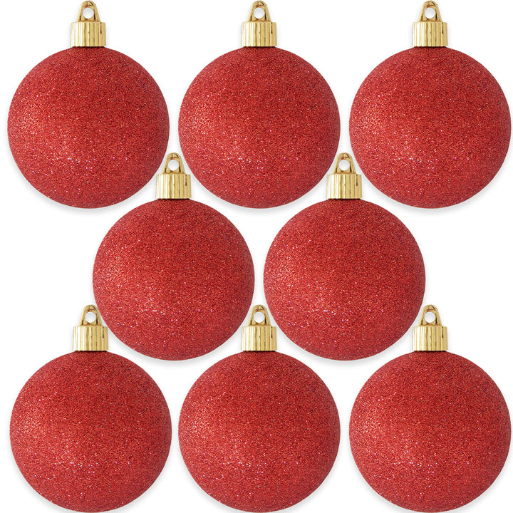 Christmas By Krebs 3 1/4" (80mm) Red Glitter [8 Pieces] Solid Commercial Grade Indoor and Outdoor Shatterproof Plastic, Water Resistant Ball Ornament Decorations