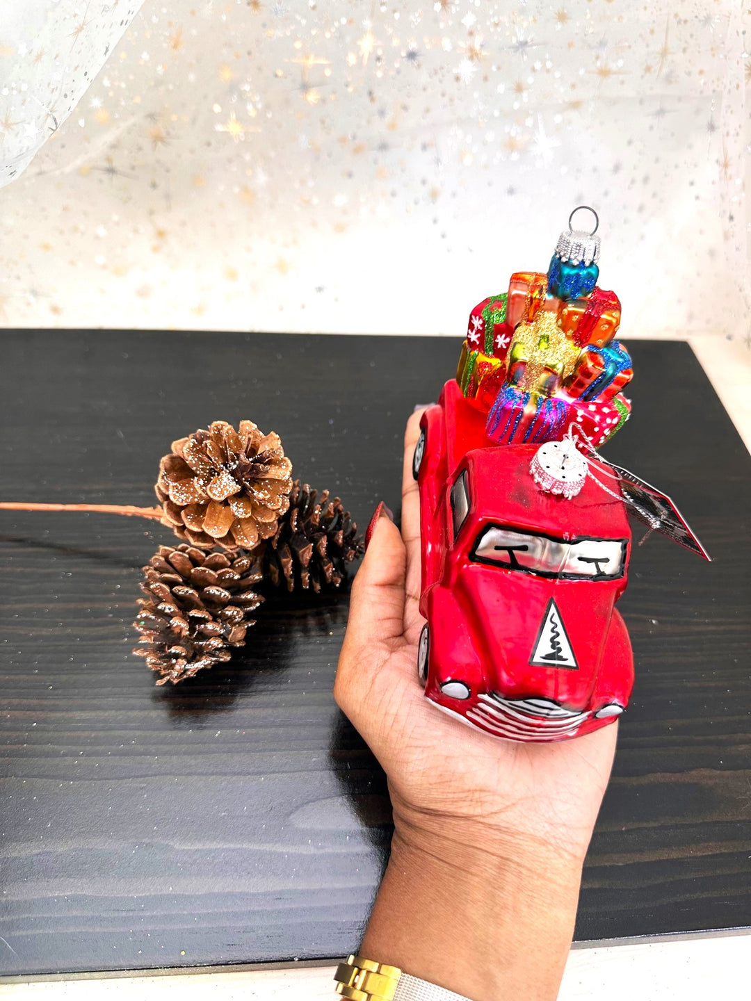 Krebs Designer Glass Vintage Pickup with Tree Figurine Christmas Holiday Ornament, 3 1/4" (80mm)