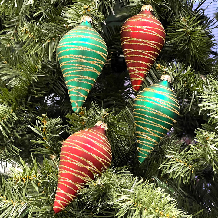 Glass Christmas Tree Ornaments - 67mm/2.63" [4 Pieces] Decorated Balls from Christmas by Krebs Seamless Hanging Holiday Decor (Red and Green Velvet 4" Drops with Tangles)
