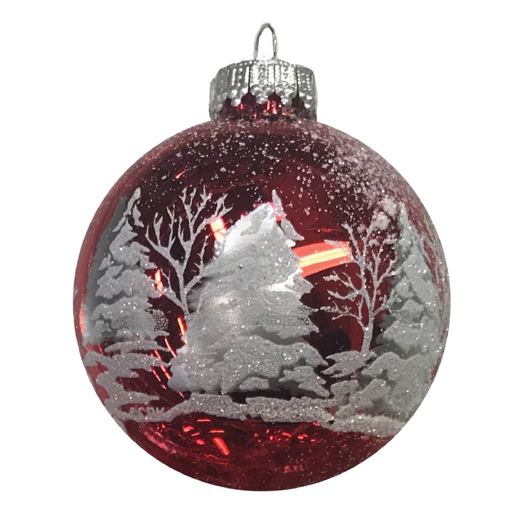 Glass Christmas Tree Ornaments - 67mm/2.63" [4 Pieces] Decorated Balls from Christmas by Krebs Seamless Hanging Holiday Decor (Christmas Red with White & Silver Festive Trees)