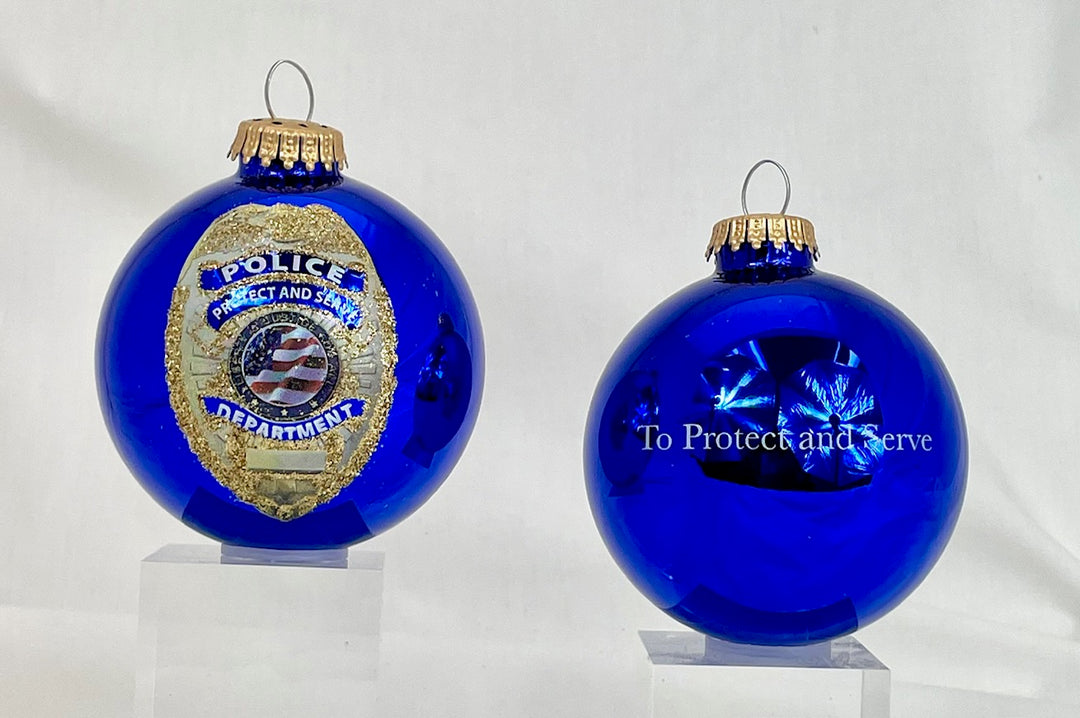 Christmas Tree Ornaments - 80mm / 3.25" Decorated Collectible Glass Balls from Christmas by Krebs - Handmade Hanging Holiday Decorations for Trees (Victoria Blue with Police Shield Gift)