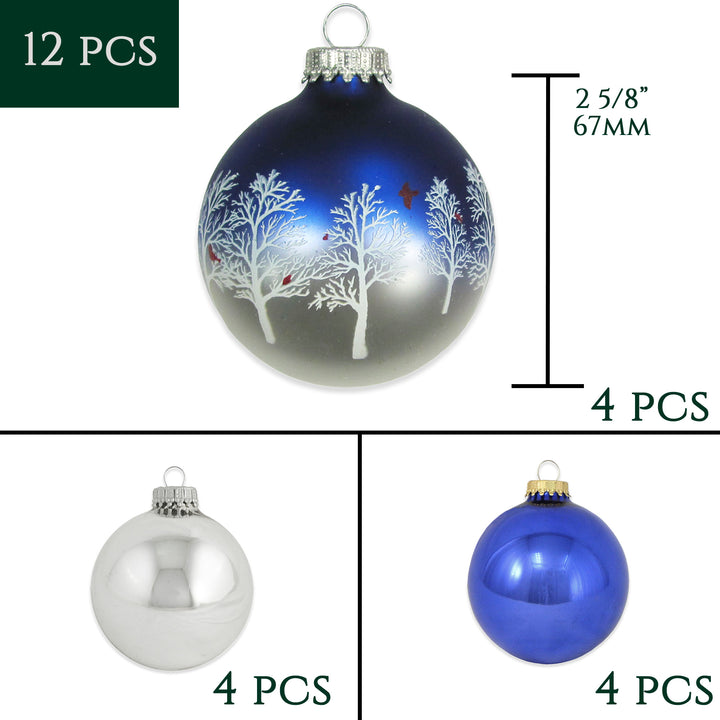 Glass Christmas Tree Ornaments - 67mm/2.63" Designer Balls from Christmas by Krebs - Seamless Hanging Holiday Decorations for Trees - Set of 12 Ornaments (Silver and Blue with Trees and Cardinals)