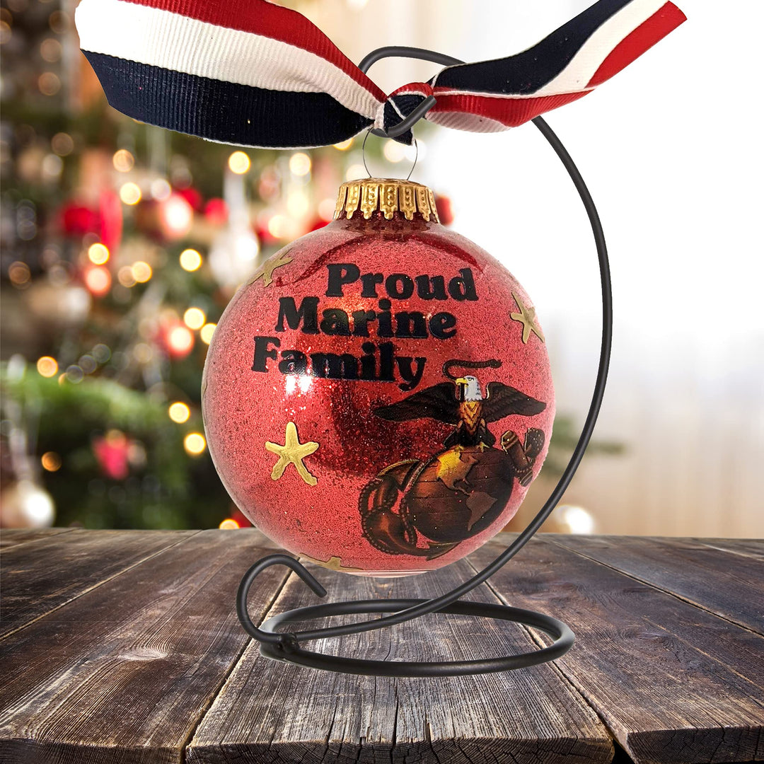 Christmas Tree Ornaments Made in the USA - 80mm / 3.25" Decorated Collectible Glass Balls from Christmas by Krebs - Handmade Hanging Holiday Decoration for Trees (Proud Marine Corps Family)