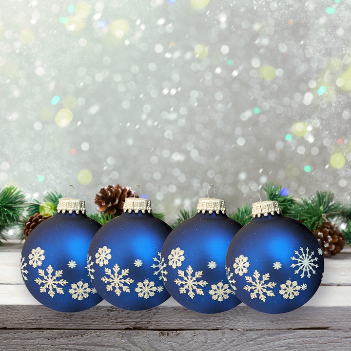 Glass Christmas Tree Ornaments - 67mm/2.63" [4 Pieces] Decorated Balls from Christmas by Krebs Seamless Hanging Holiday Decor (Blue w/ Silver Glitter and White Snowflakes)