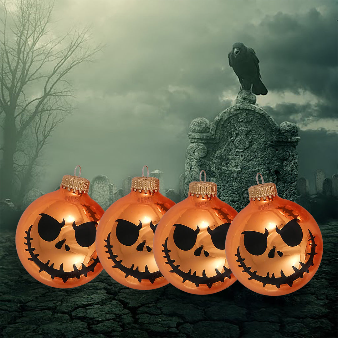 Halloween Tree Ornaments - 67mm/2.625" Decorated Glass Balls from Christmas by Krebs - Handmade Seamless Hanging Holiday Decorations for Trees - Set of 4 (Orange Crush with Scary Face #2)