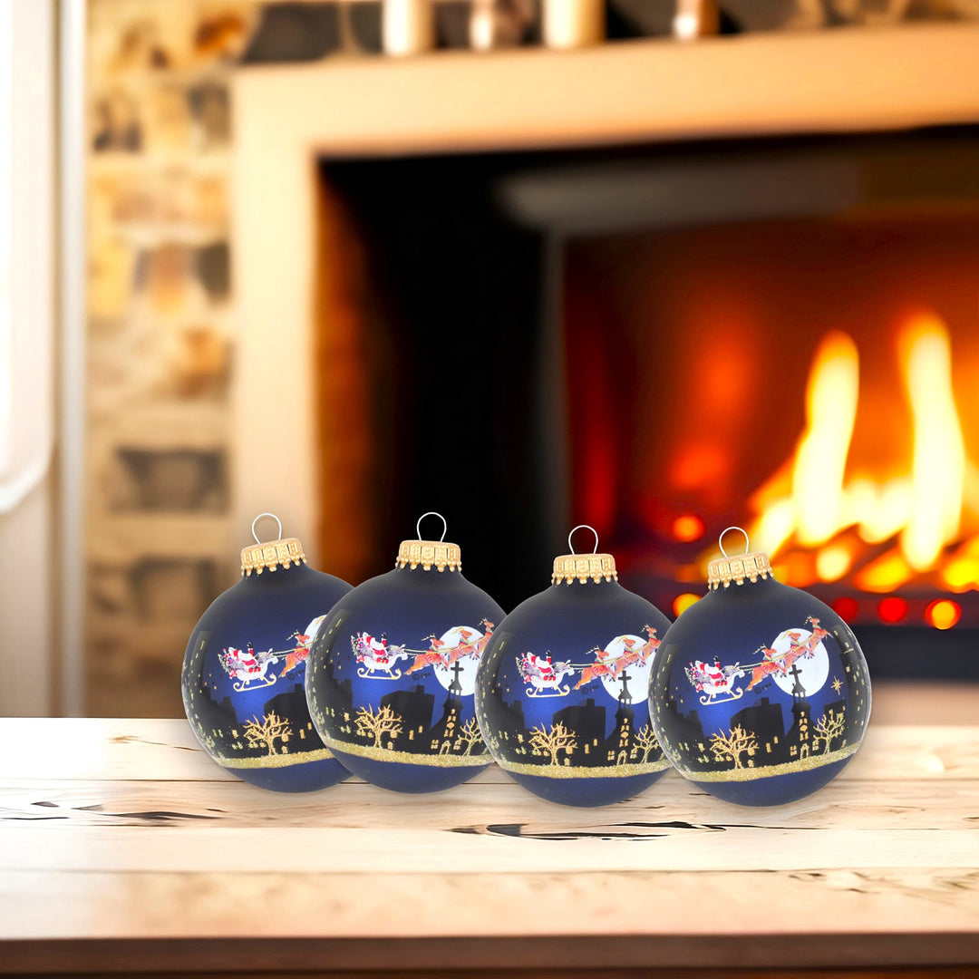 Glass Christmas Tree Ornaments - 67mm/2.63" [4 Pieces] Decorated Balls from Christmas by Krebs Seamless Hanging Holiday Decor (Velvet Blue with Night Before Christmas)