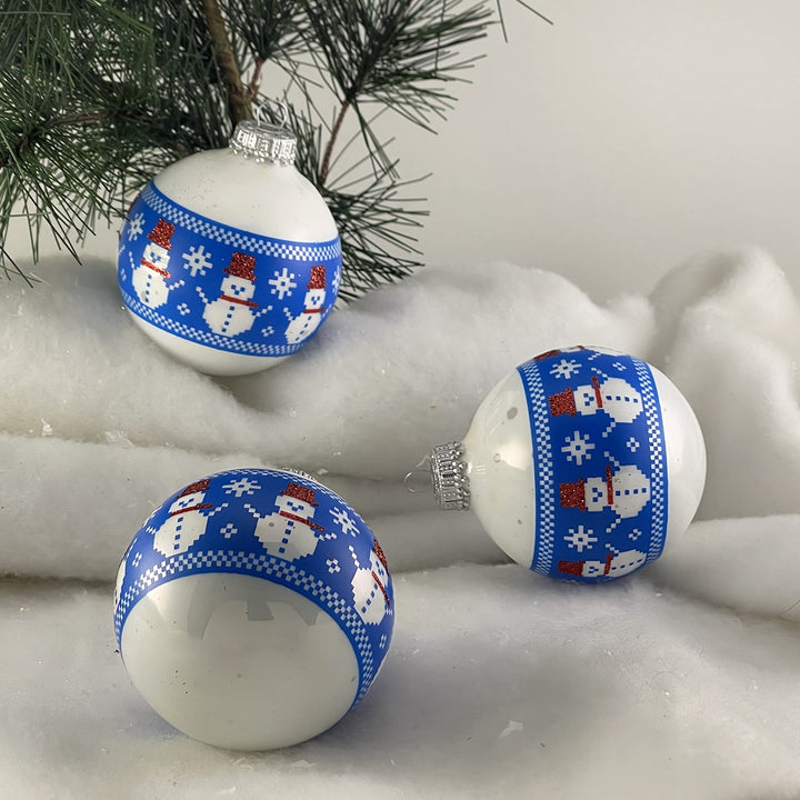 Glass Christmas Tree Ornaments - 67mm/2.63" [4 Pieces] Decorated Balls from Christmas by Krebs Seamless Hanging Holiday Decor (Porcelain White with Stiched Snowman Band)
