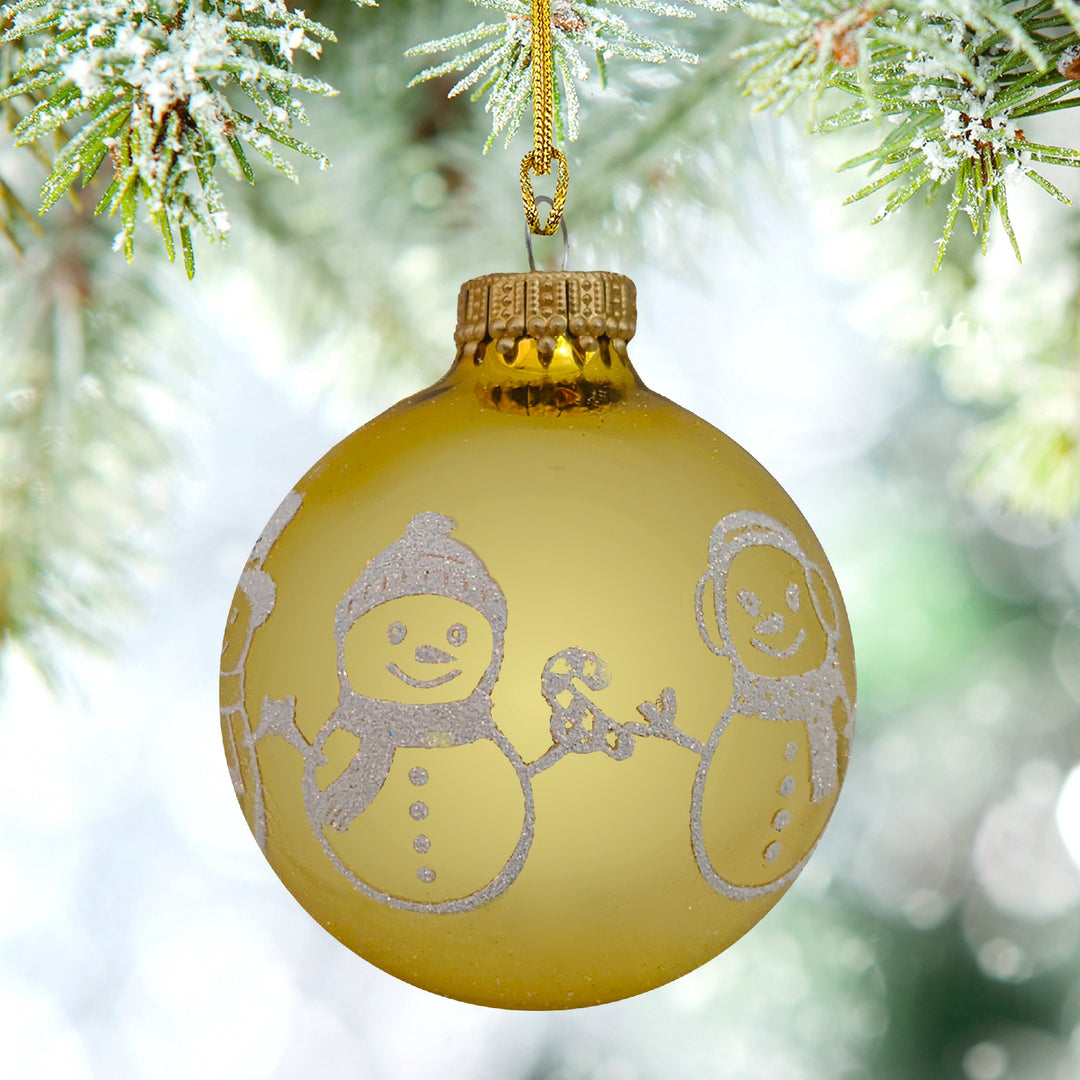 Glass Christmas Tree Ornaments - 67mm/2.63" [4 Pieces] Decorated Balls from Christmas by Krebs Seamless Hanging Holiday Decor (Golden Topaz with White Glitter Snowman Band)
