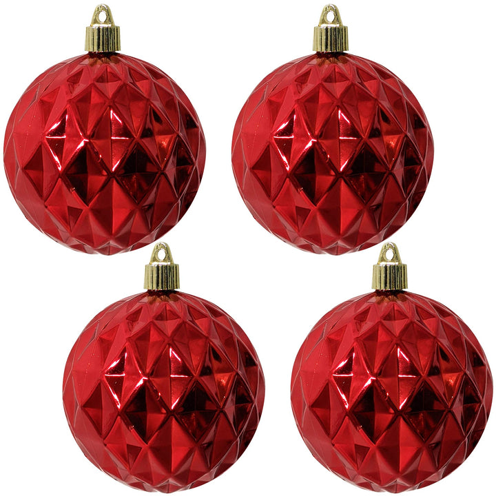 Christmas By Krebs 4" (100mm) Diamond Shiny Sonic Red [4 Pieces] Solid Commercial Grade Indoor and Outdoor Shatterproof Plastic, UV and Water Resistant Ball Ornament Decorations
