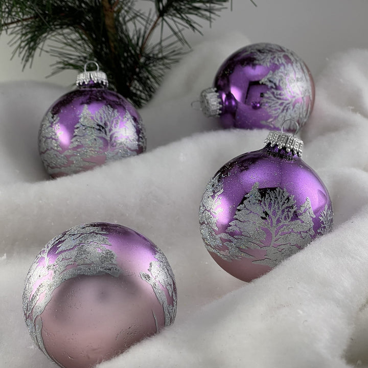 Glass Christmas Tree Ornaments - 67mm/2.625" [4 Pieces] Decorated Balls from Christmas by Krebs Seamless Hanging Holiday Decor (Shiny Purple and Gray Velvet with White Trees)