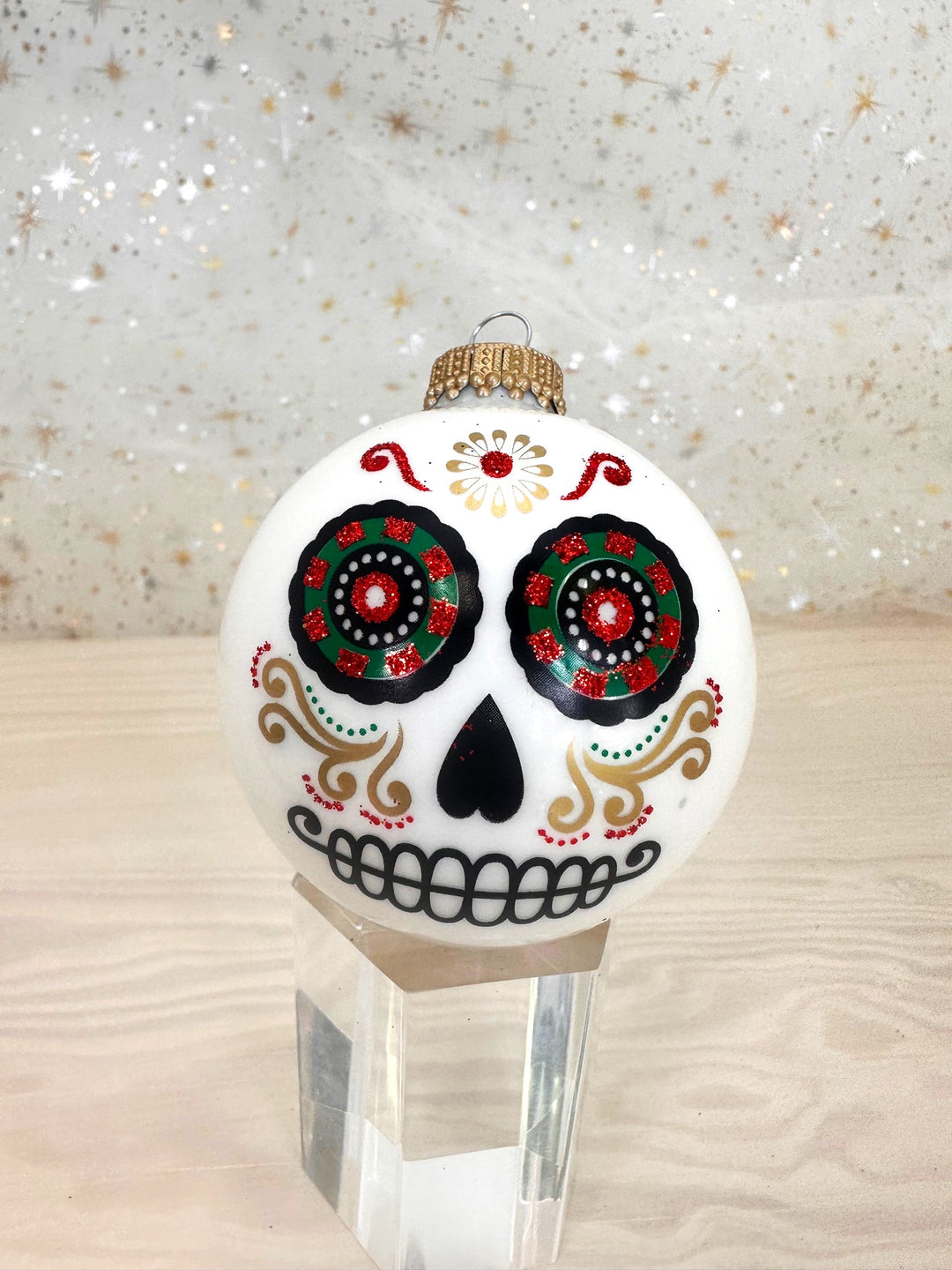 Halloween Tree Ornaments - 67mm/2.625" Decorated Glass Balls from Christmas by Krebs - Handmade Seamless Hanging Holiday Decorations for Trees - Set of 4 (Shiny Porcelain White with Day of the Dead)