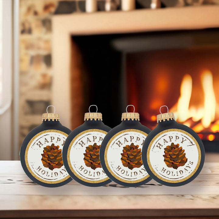 Glass Christmas Tree Ornaments - 67mm/2.63" [4 Pieces] Decorated Balls from Christmas by Krebs Seamless Hanging Holiday Decor (Midnight Haze Blue with Holiday Pinecones)