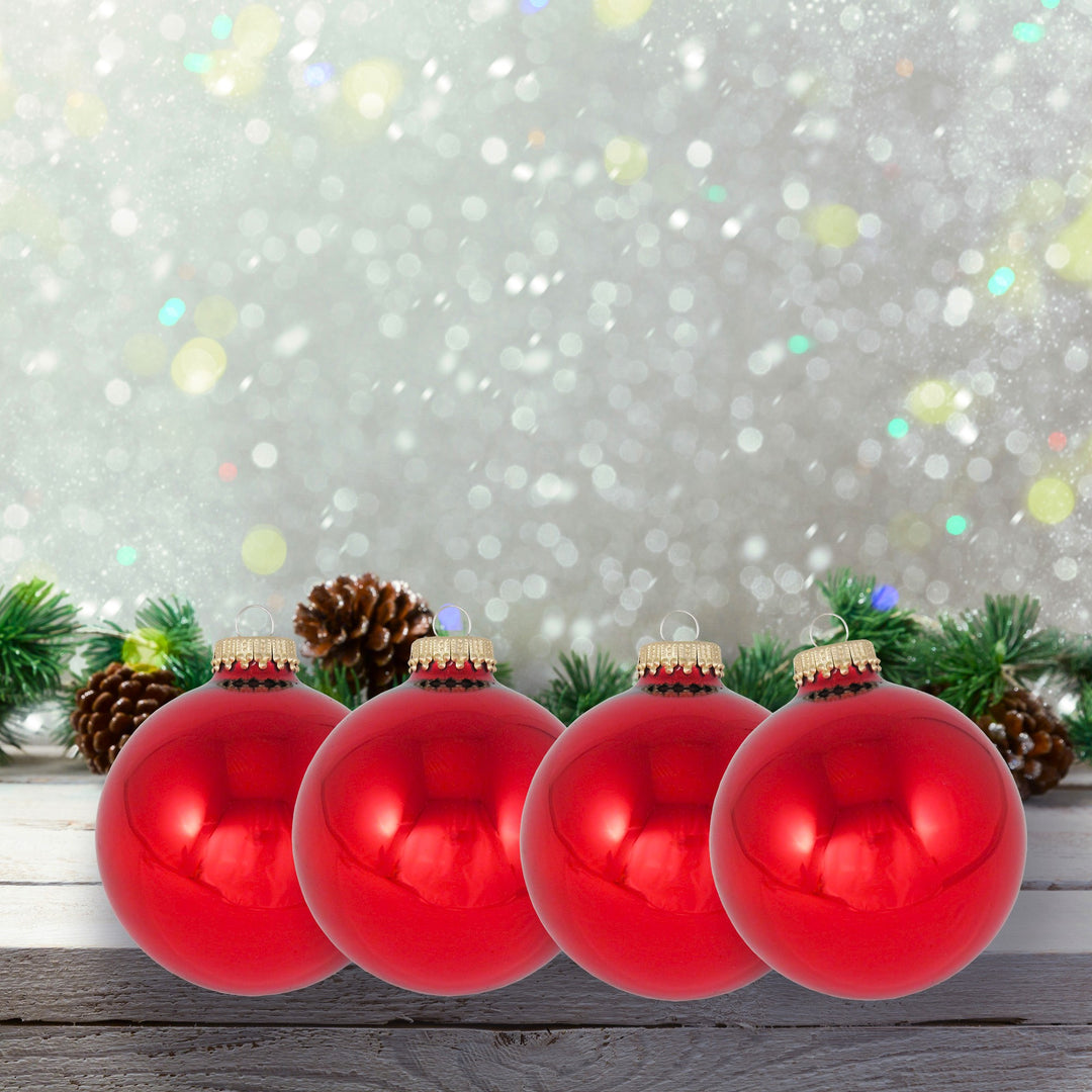 Glass Christmas Tree Ornaments - 80mm / 3.25" [4 Pieces] Designer Balls from Christmas By Krebs Seamless Hanging Holiday Decor (Christmas Red)