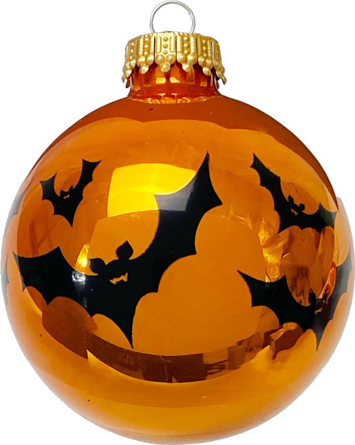 Halloween Tree Ornaments - 67mm/2.625" Decorated Glass Balls from Christmas by Krebs - Handmade Seamless Hanging Holiday Decorations for Trees - Set of 4 (Shiny Orange Crush with Bats)