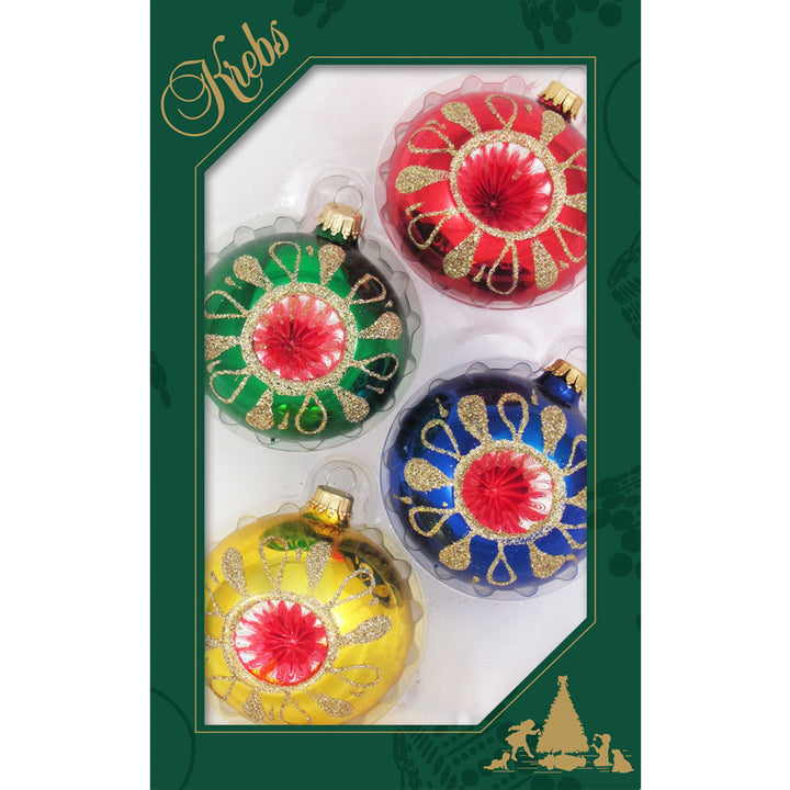 Glass Christmas Tree Ornaments - 67mm/2.63" [4 Pieces] Decorated Balls from Christmas by Krebs Seamless Hanging Holiday Decor (Red, Gold, Green & Blue Reflectors)