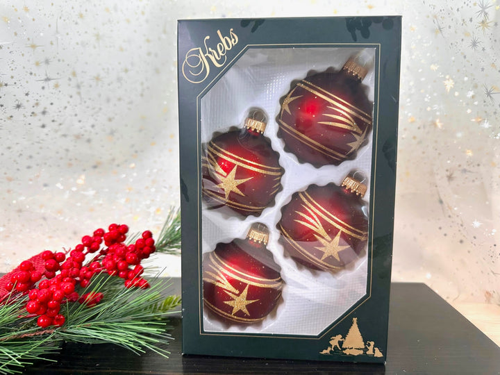 Glass Christmas Tree Ornaments - 67mm/2.625" [4 Pieces] Decorated Balls from Christmas by Krebs Seamless Hanging Holiday Decor (Port Velvet with Gold Shooting Star)