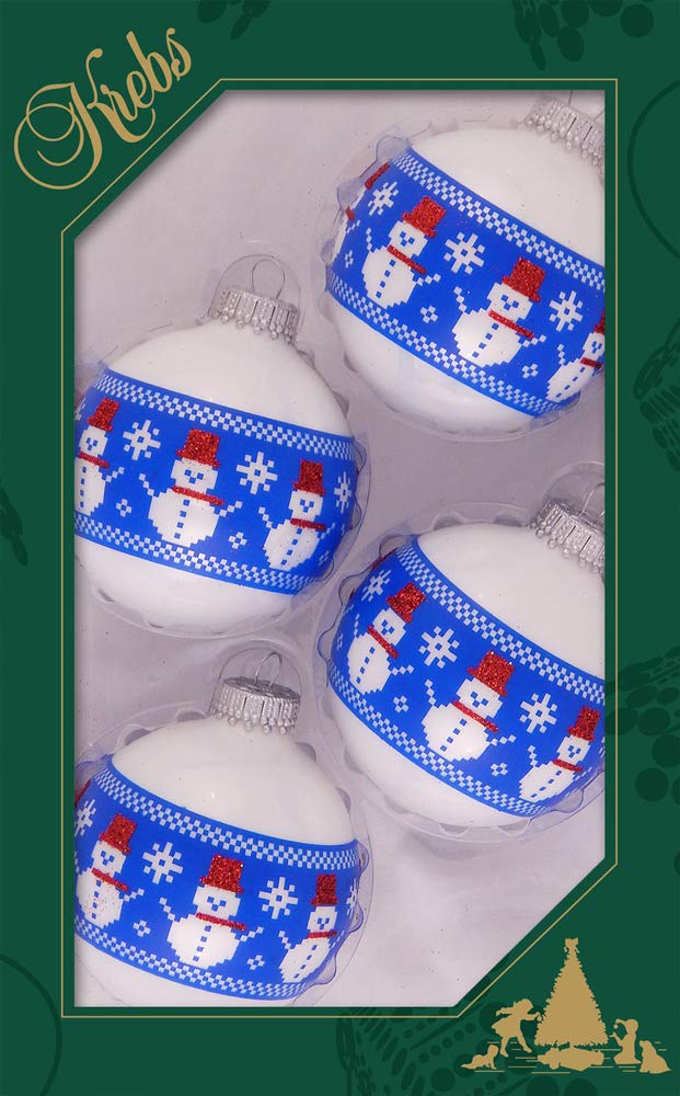 Glass Christmas Tree Ornaments - 67mm/2.63" [4 Pieces] Decorated Balls from Christmas by Krebs Seamless Hanging Holiday Decor (Porcelain White with Stiched Snowman Band)