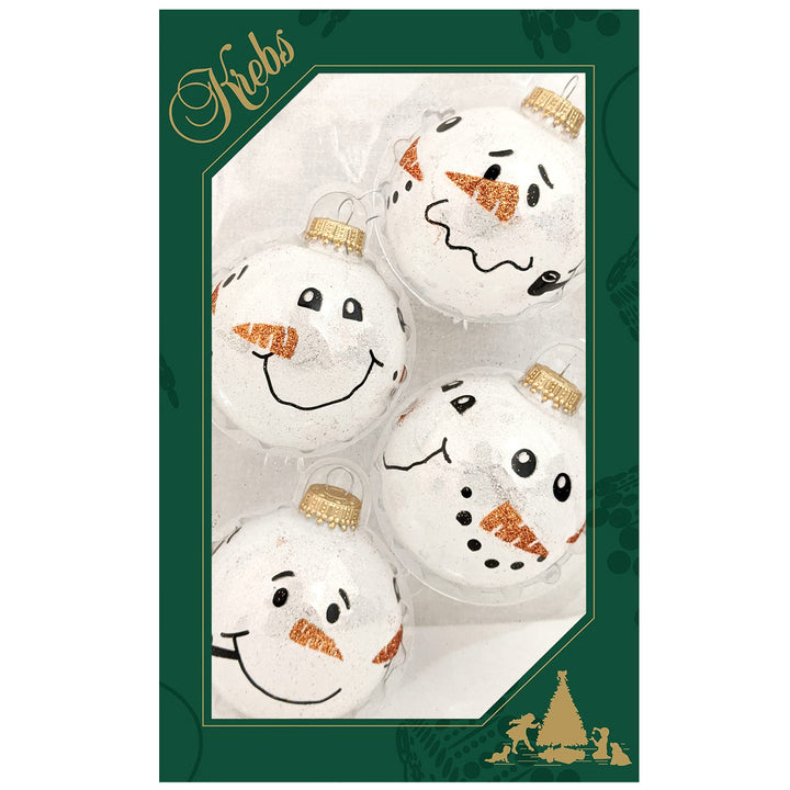 Glass Christmas Tree Ornaments - 67mm/2.63" [4 Pieces] Decorated Balls from Christmas by Krebs Seamless Hanging Holiday Decor (Snow Sparkle White with Snowman Faces)