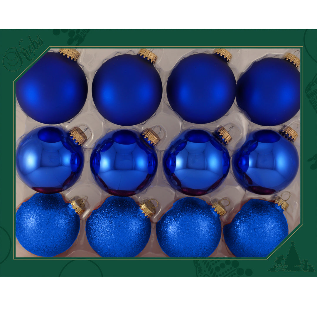 Glass Christmas Tree Ornaments - 67mm/2.63" Designer Balls from Christmas by Krebs - Seamless Hanging Holiday Decorations for Trees - Set of 12 Ornaments (Shiny, Velvet and Glitter Blue)