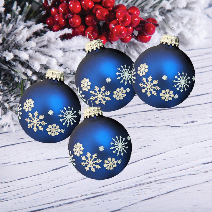 Glass Christmas Tree Ornaments - 67mm/2.63" [4 Pieces] Decorated Balls from Christmas by Krebs Seamless Hanging Holiday Decor (Blue w/ Silver Glitter and White Snowflakes)