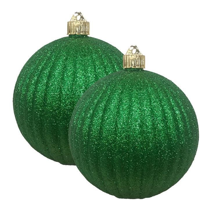 Christmas By Krebs 6" (150mm) Ribbed Green Glitter [2 Pieces] Solid Commercial Grade Indoor and Outdoor Shatterproof Plastic, Water Resistant Ball Ornament Decorations