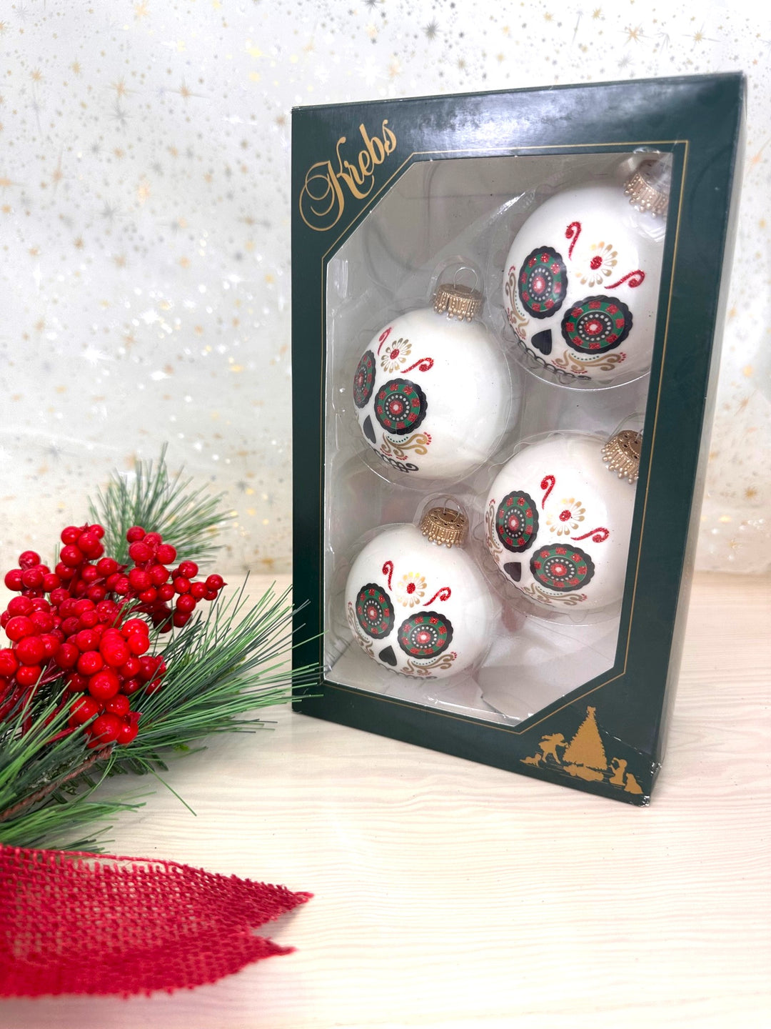 Halloween Tree Ornaments - 67mm/2.625" Decorated Glass Balls from Christmas by Krebs - Handmade Seamless Hanging Holiday Decorations for Trees - Set of 4 (Shiny Porcelain White with Day of the Dead)