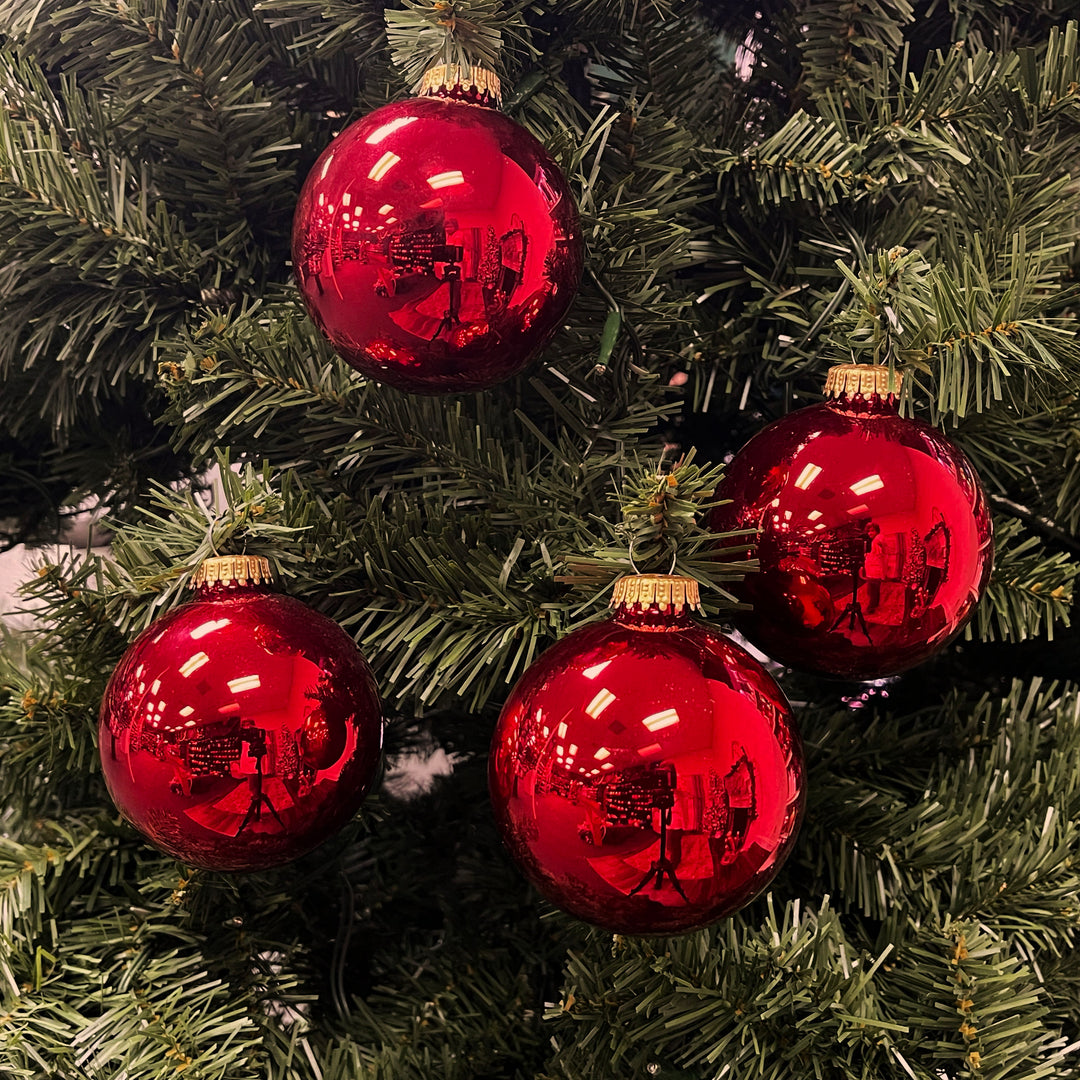 Glass Christmas Tree Ornaments - 80mm / 3.25" [4 Pieces] Designer Balls from Christmas By Krebs Seamless Hanging Holiday Decor (Christmas Red)