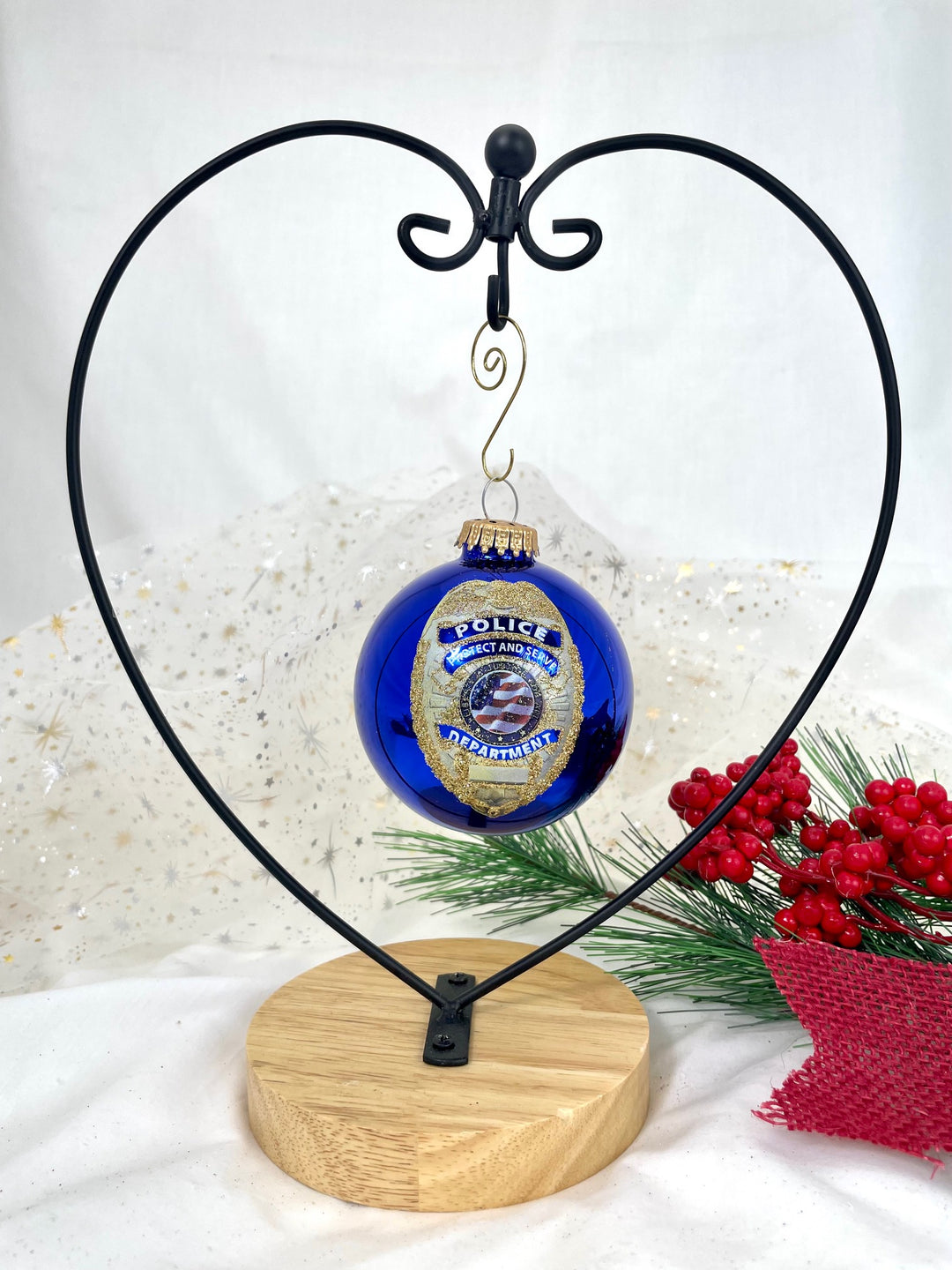 Christmas Tree Ornaments - 80mm / 3.25" Decorated Collectible Glass Balls from Christmas by Krebs - Handmade Hanging Holiday Decorations for Trees (Victoria Blue with Police Shield Gift)