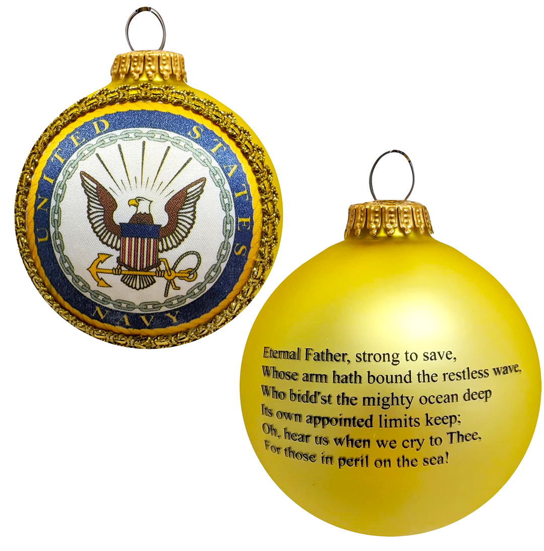 Christmas Tree Ornaments Made in the USA - 80mm / 3.25" Decorated Collectible Glass Balls from Christmas by Krebs - Handmade Hanging Holiday Decoration for Trees (USN Logo and Hymn, Silk)
