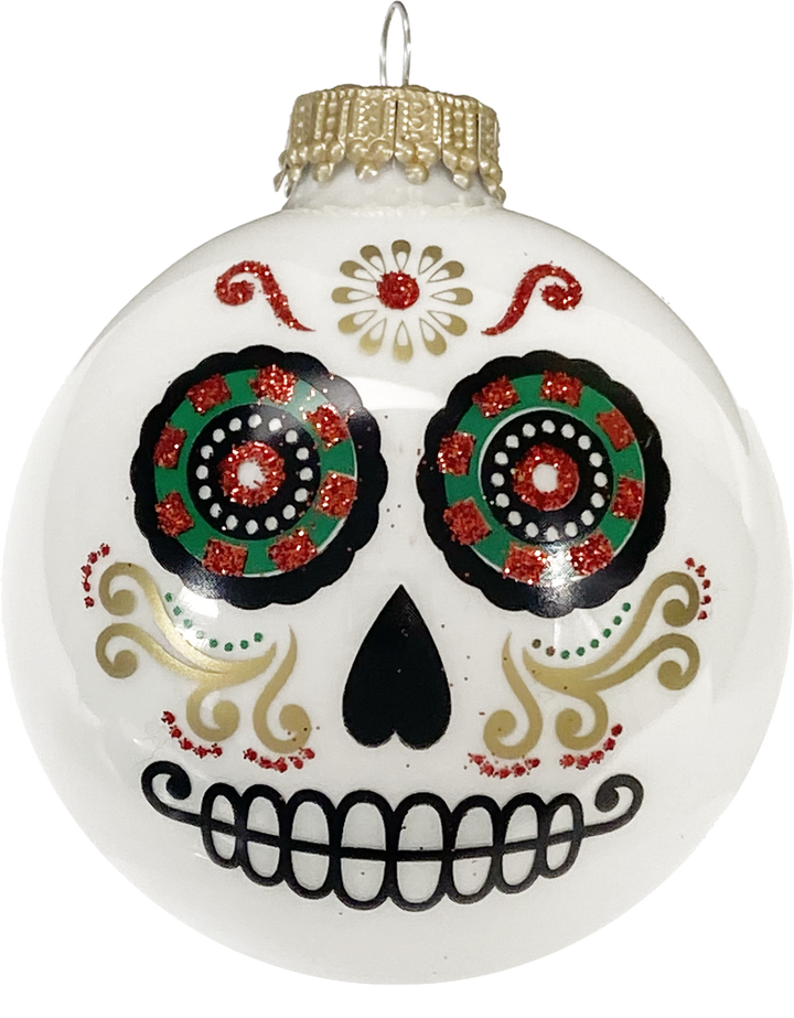 Halloween Tree Ornaments - 67mm/2.625" Decorated Glass Balls from Christmas by Krebs - Handmade Seamless Hanging Holiday Decorations for Trees - Set of 4 (Shiny Porcelain White with Day of the Dead)