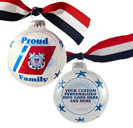Christmas Tree Ornaments Made in the USA - 80mm / 3.25" Decorated Collectible Glass Balls from Christmas by Krebs - Handmade Hanging Holiday Decoration for Trees (HUGS Proud Coast Guard Family)