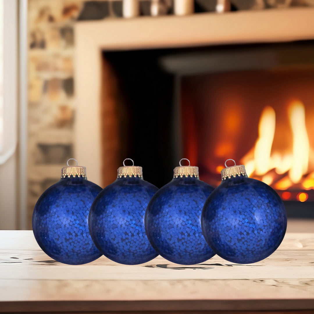 Glass Christmas Tree Ornaments - 67mm / 2.63" [6 Pieces] Designer Balls from Christmas By Krebs Seamless Hanging Holiday Decor (Sapphire Blue Spangle)