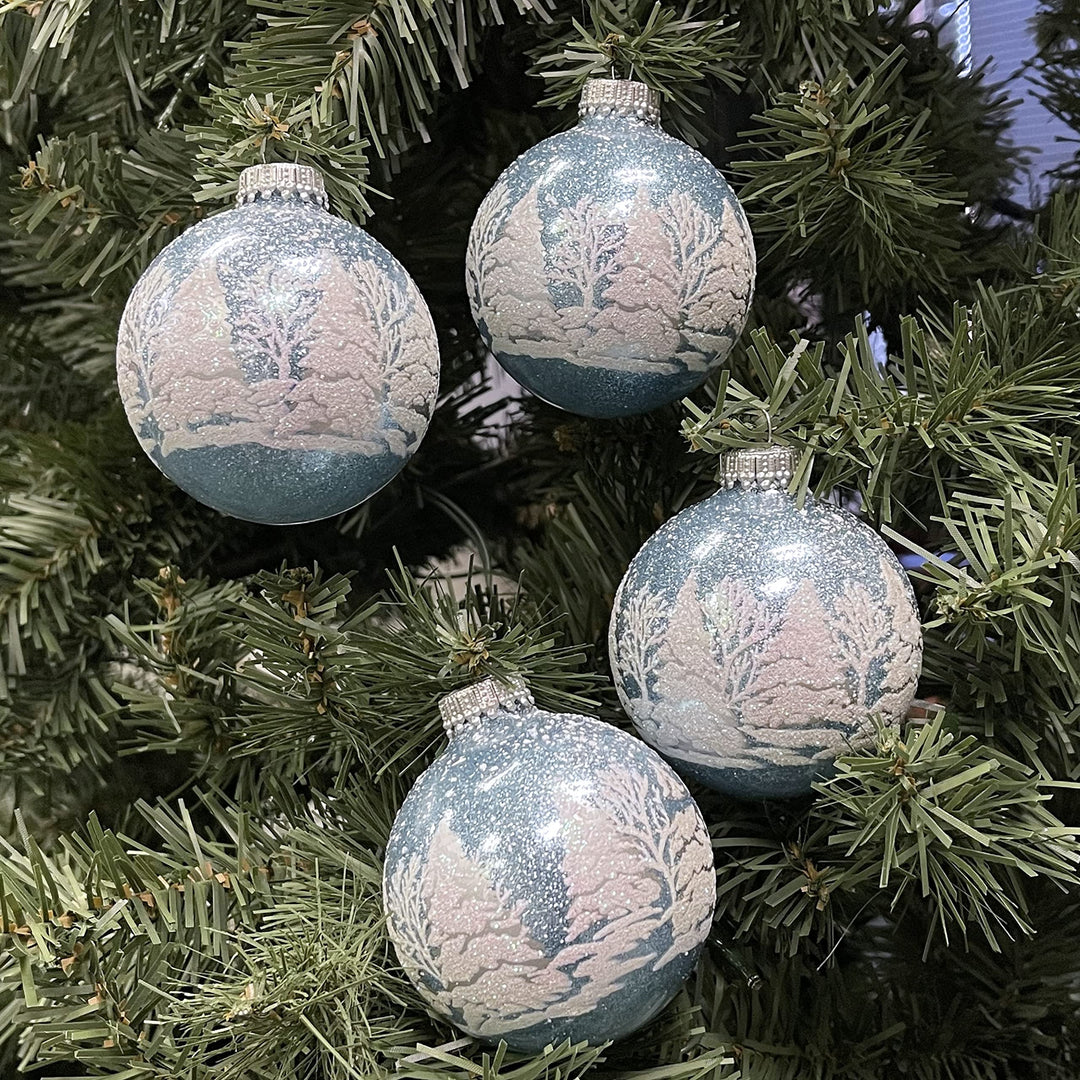 Glass Christmas Tree Ornaments - 67mm/2.63" [4 Pieces] Decorated Balls from Christmas by Krebs Seamless Hanging Holiday Decor (Light Blue Sparkle with Trees)