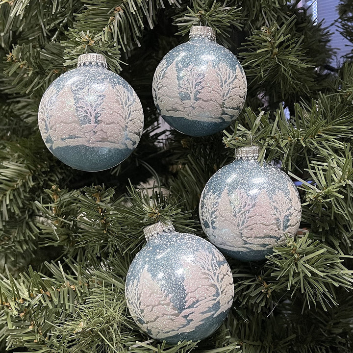 Glass Christmas Tree Ornaments - 67mm/2.63" [4 Pieces] Decorated Balls from Christmas by Krebs Seamless Hanging Holiday Decor (Light Blue Sparkle with Trees)