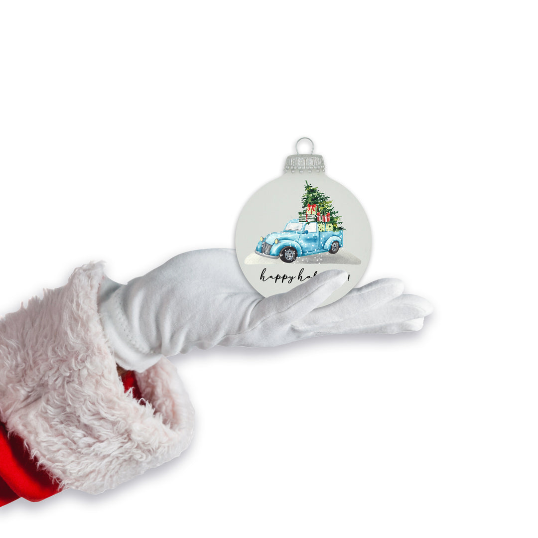 Glass Christmas Tree Ornaments - 67mm/2.625" [4 Pieces] Decorated Balls from Christmas by Krebs Seamless Hanging Holiday Decor (Frost with Blue Christmas Truck)