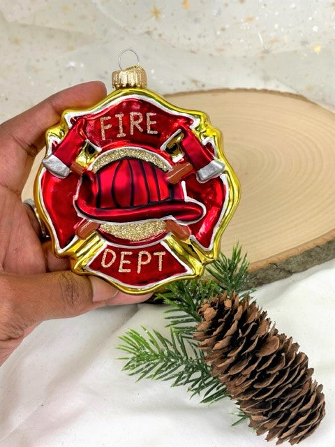 Christmas By Krebs Blown Glass  Collectible Tree Ornaments  (4" Fireman's Badge)
