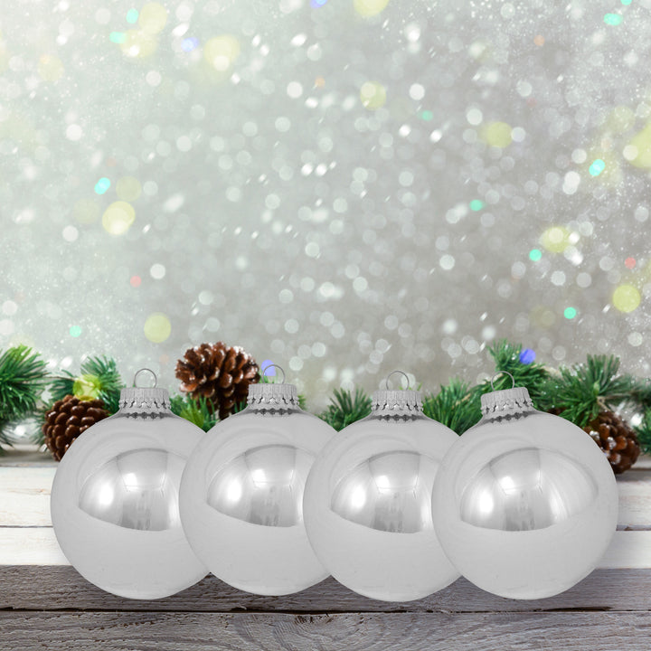Glass Christmas Tree Ornaments - 80mm / 3.25" [4 Pieces] Designer Balls from Christmas By Krebs Seamless Hanging Holiday Decor (Bright Silver)