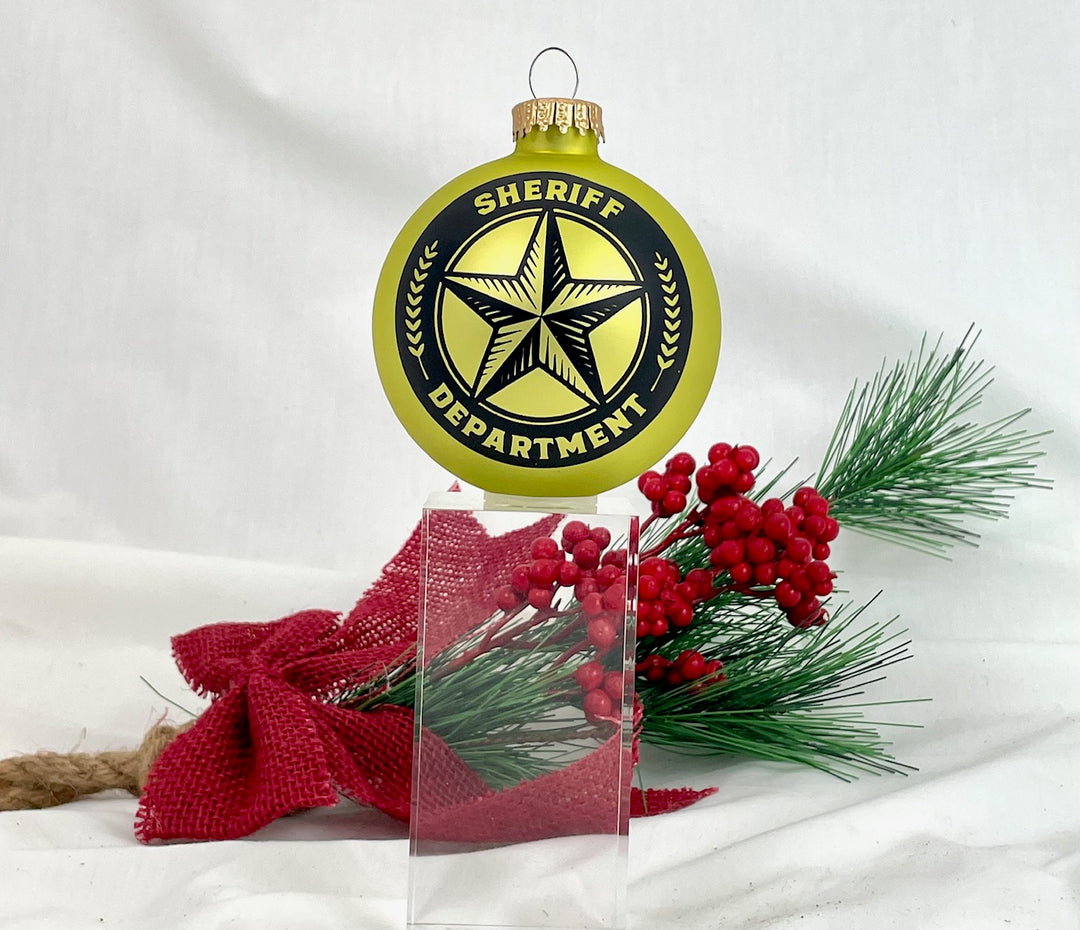 Christmas Tree Ornaments - 80mm / 3.25" Decorated Collectible Glass Balls from Christmas by Krebs - Handmade Hanging Holiday Decorations for Trees (Sherriff Logo on Gold Velvet)