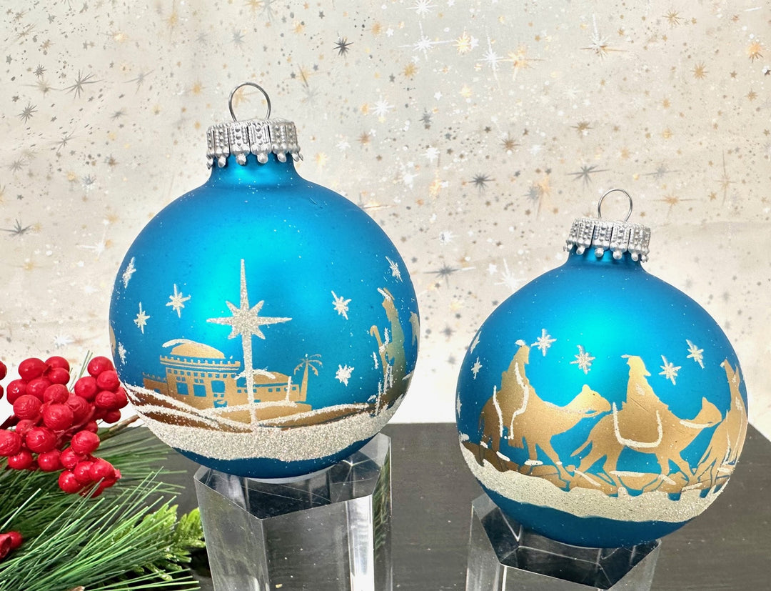 Glass Christmas Tree Ornaments - 67mm/2.63" [4 Pieces] Decorated Balls from Christmas by Krebs Seamless Hanging Holiday Decor (Turquoise Bliss Blue with Bethlehem Scene)
