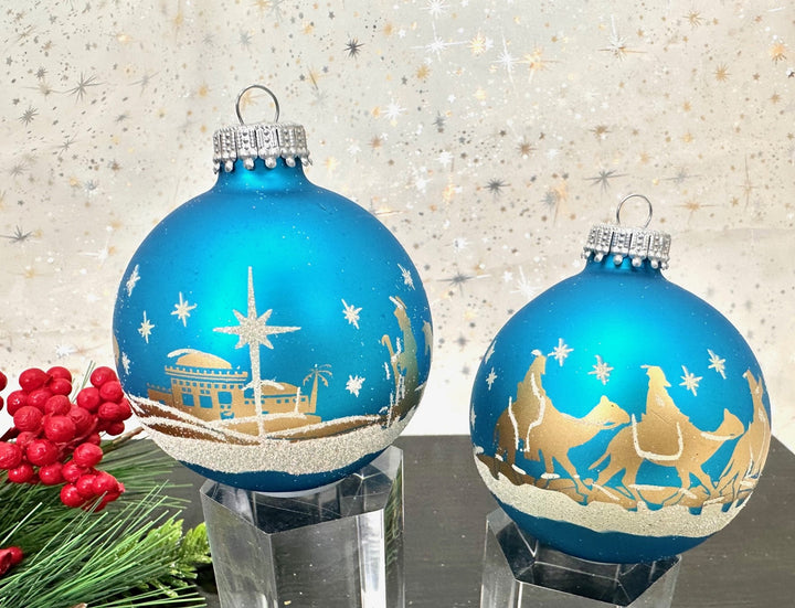 Glass Christmas Tree Ornaments - 67mm/2.63" [4 Pieces] Decorated Balls from Christmas by Krebs Seamless Hanging Holiday Decor (Turquoise Bliss Blue with Bethlehem Scene)