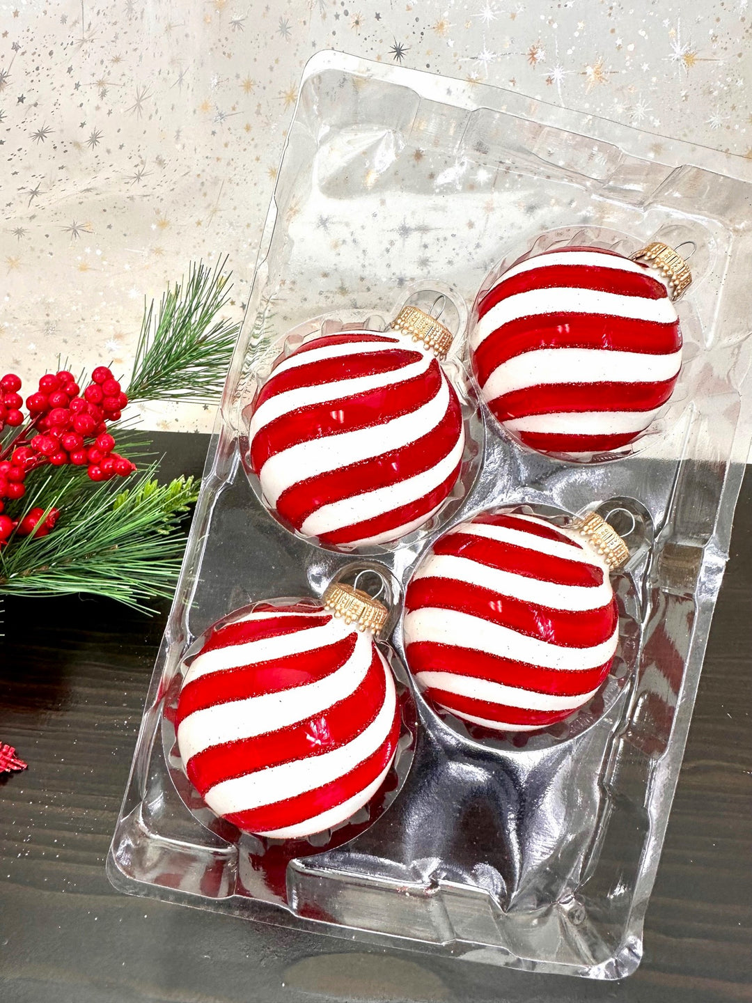 Glass Christmas Tree Ornaments - 67mm/2.63" [4 Pieces] Decorated Balls from Christmas by Krebs Seamless Hanging Holiday Decor (Porcelain White with Red Swirls)