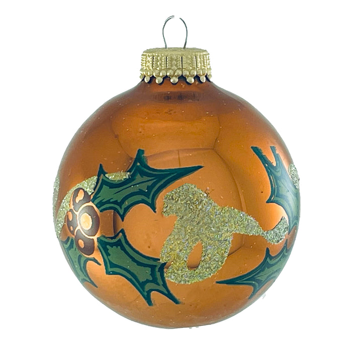 Glass Christmas Tree Ornaments - 67mm/2.625" [4 Pieces] Decorated Balls from Christmas by Krebs Seamless Hanging Holiday Decor (Copper Shine and Velvet with Holly & Ribbon)