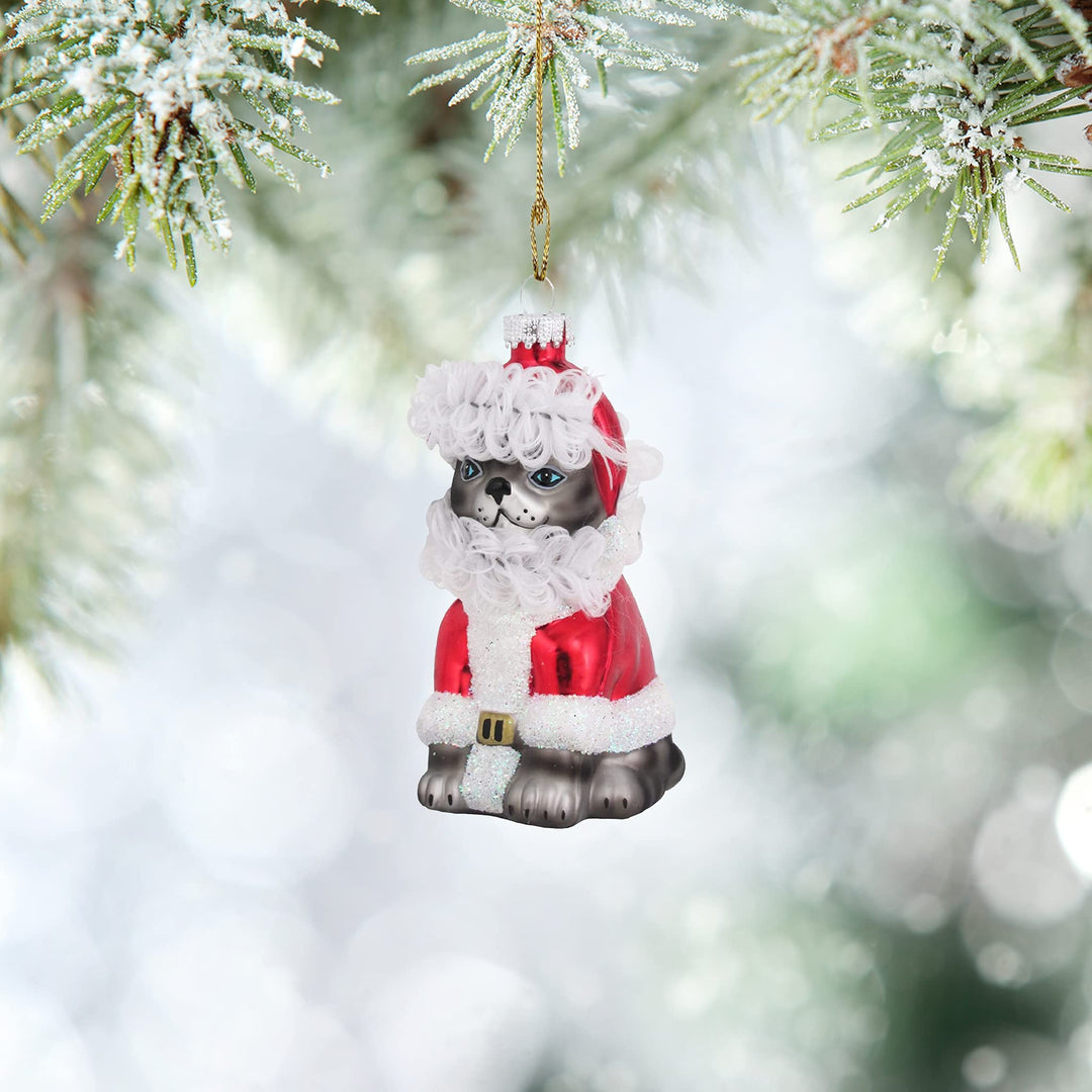 Christmas By Krebs Blown Glass  Collectible Tree Ornaments  (4.25" Gray Tabby Santa "Claws")