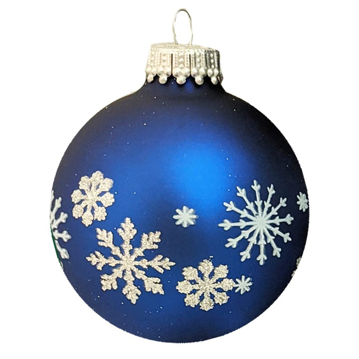 Glass Christmas Tree Ornaments - 67mm/2.63" [4 Pieces] Decorated Balls from Christmas by Krebs Seamless Hanging Holiday Decor (Blue w/ Silver Glitter and White Snowflakes)