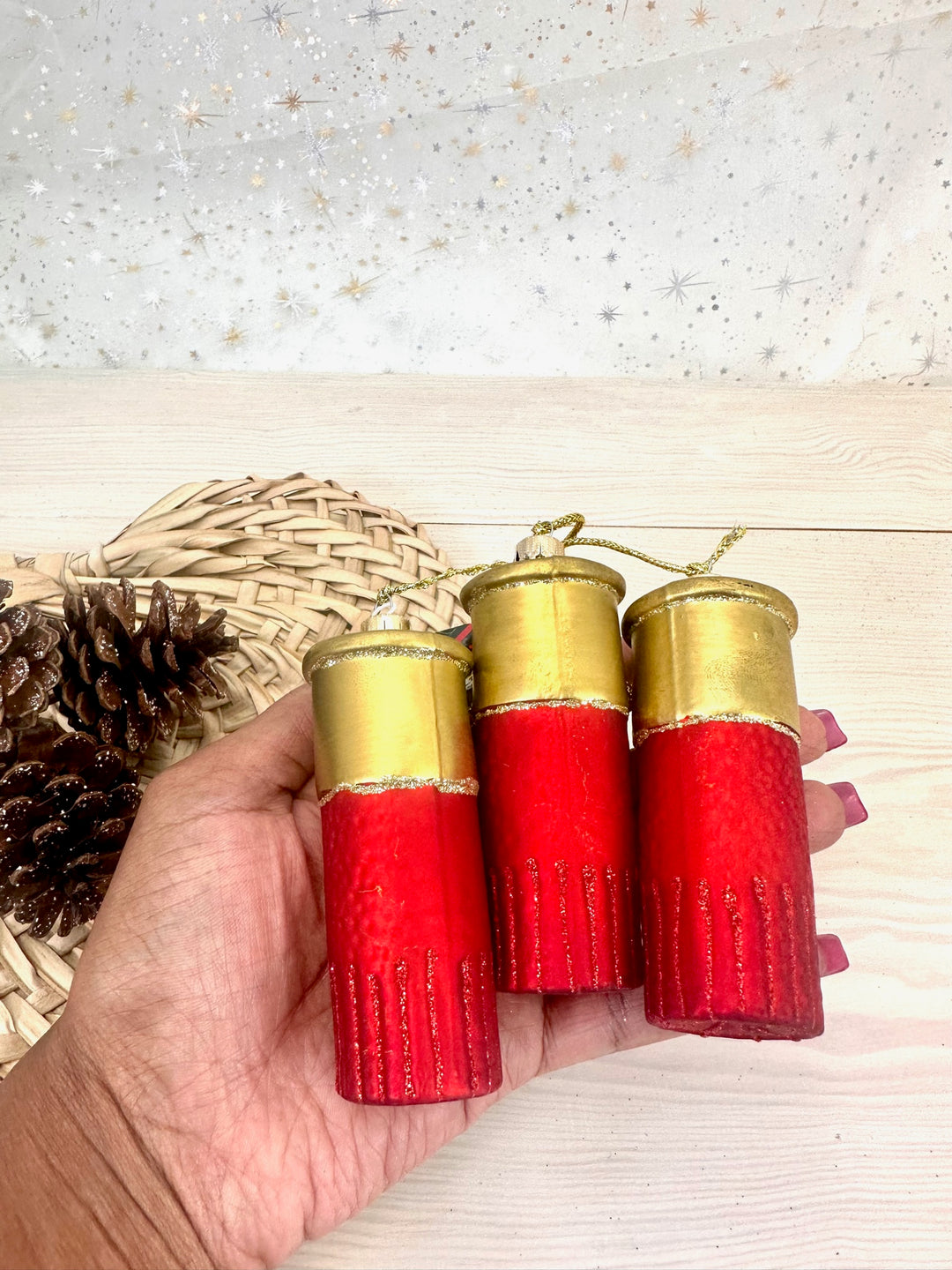 Christmas By Krebs Blown Glass  Collectible Tree Ornaments  (7" Red Shotgun 3 Shell Cluster)
