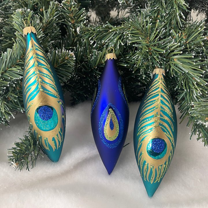 Christmas by Krebs Blown Glass Collectible Ukrainian Figurine (5.6" Christmas Peacock Glass Finial Set)