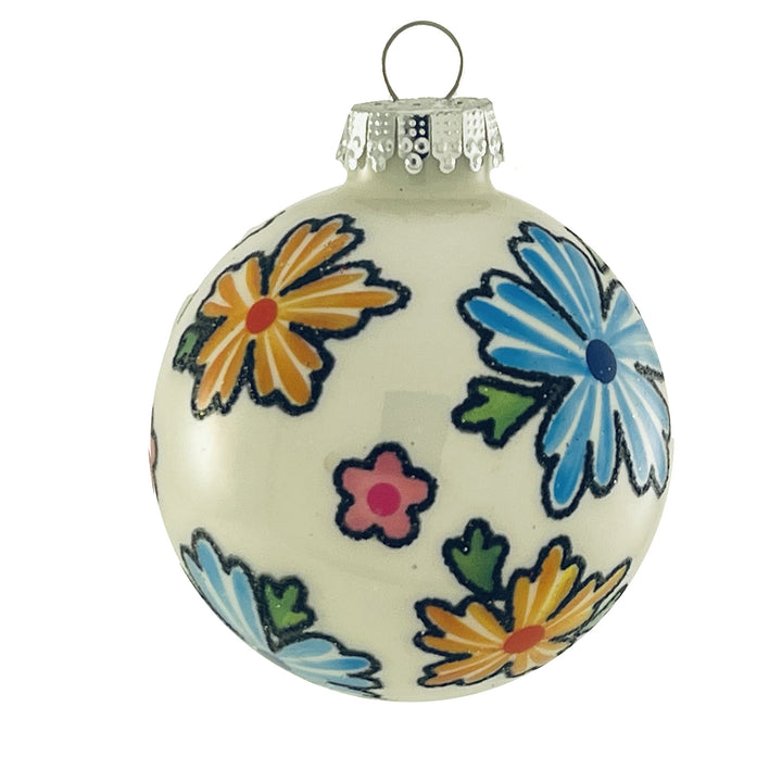 Glass Christmas Tree Ornaments - 67mm/2.63" [4 Pieces] Decorated Balls from Christmas by Krebs Seamless Hanging Holiday Decor (Porcelain White with Boho Flowers)