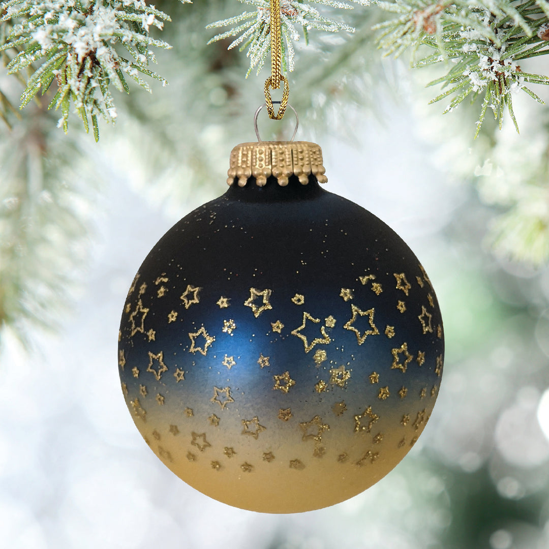 Glass Christmas Tree Ornaments - 67mm/2.63" [4 Pieces] Decorated Balls from Christmas by Krebs Seamless Hanging Holiday Decor (Midnight Haze Blue and Chiffon Gold With Stars)
