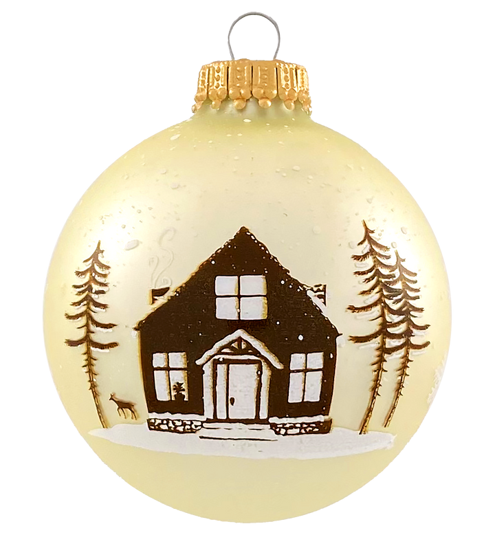 Glass Christmas Tree Ornaments - 67mm/2.625" [4 Pieces] Decorated Balls from Christmas by Krebs Seamless Hanging Holiday Decor (Vanilla Ice and Pearl White with House)